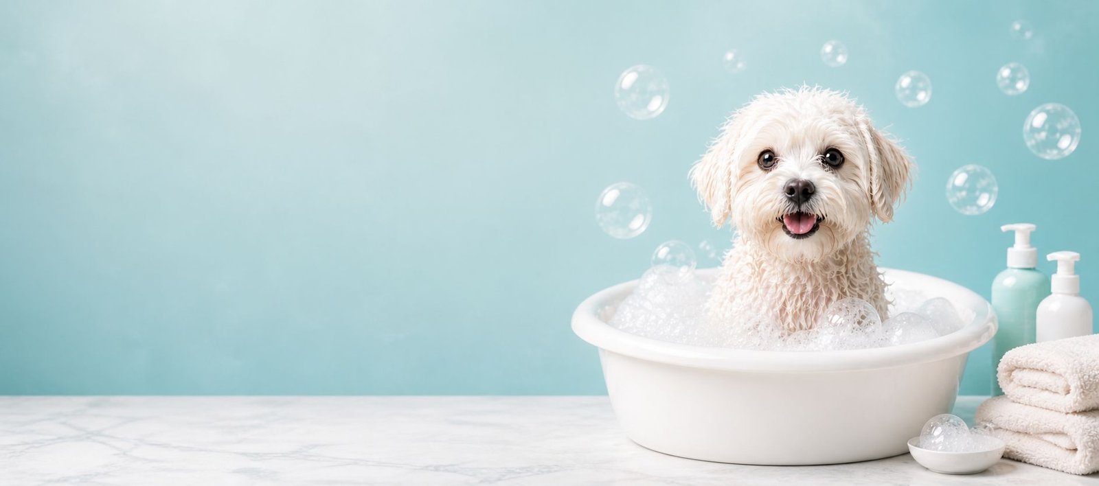 White dog in a bubble bath with a turquoise spa background