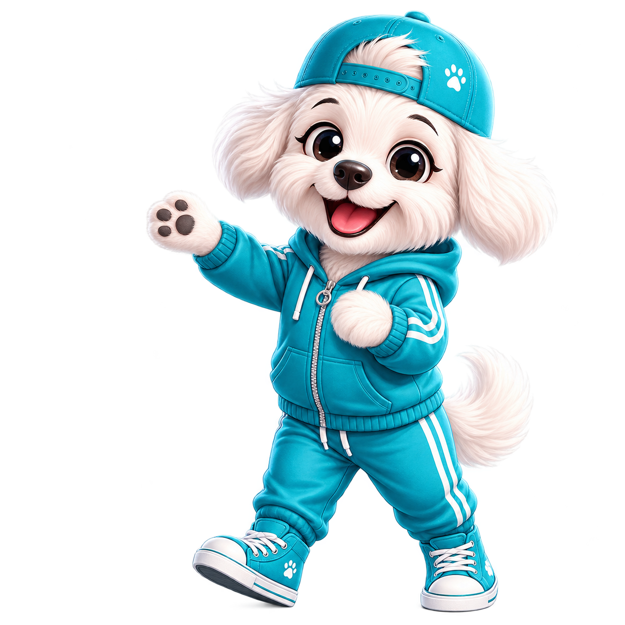 Mimi, our white fluffy mascot in turquoise, greeting you with a cheerful wave