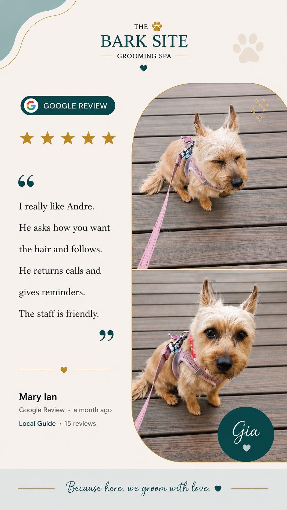Client review from The Bark Site’s original review collection; open to read at full size