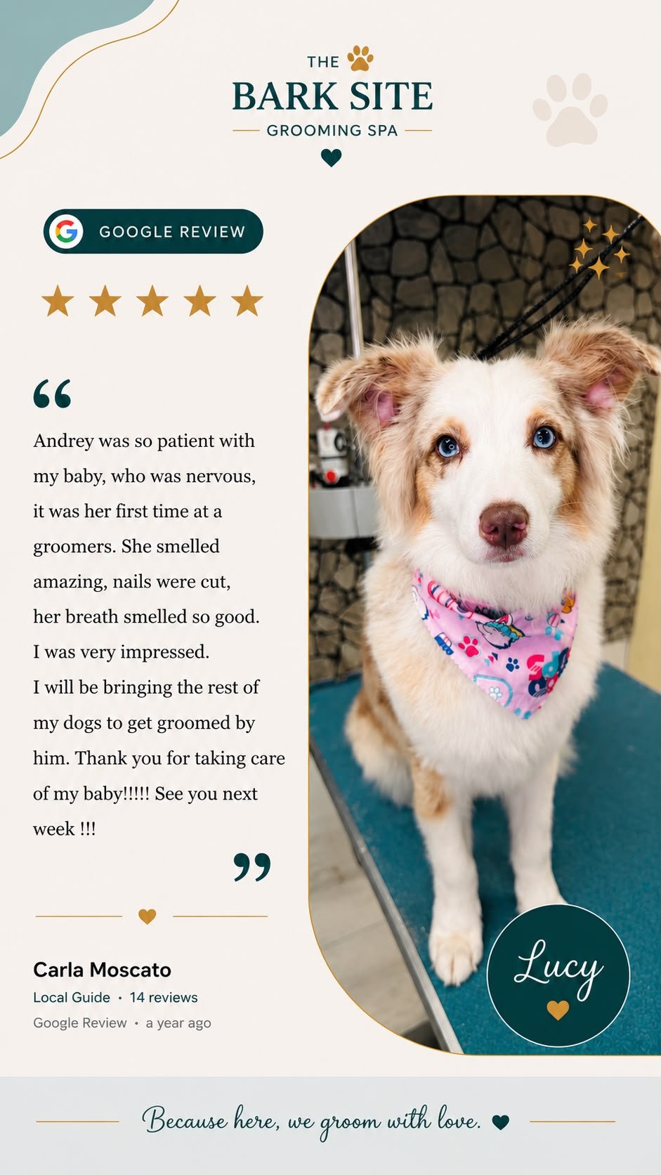 Client review from The Bark Site’s original review collection; open to read at full size