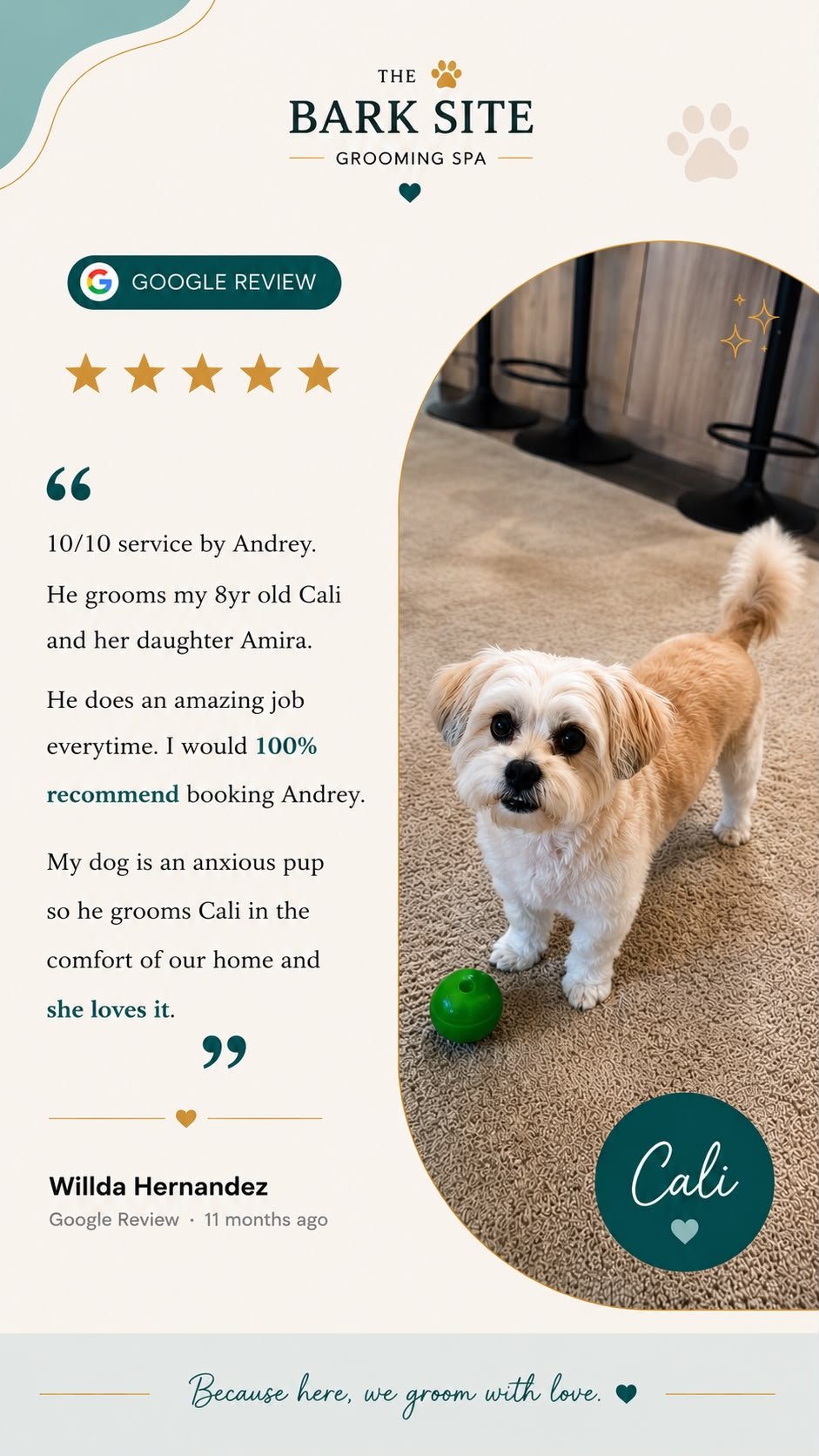 Client review from The Bark Site’s original review collection; open to read at full size